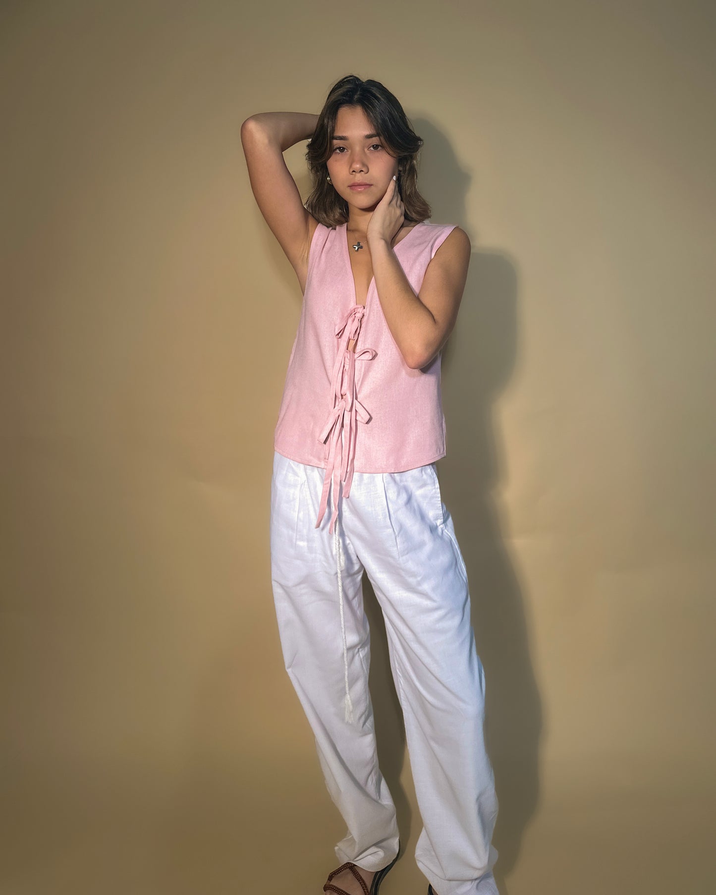 BOW LINEN TOP (PINK)