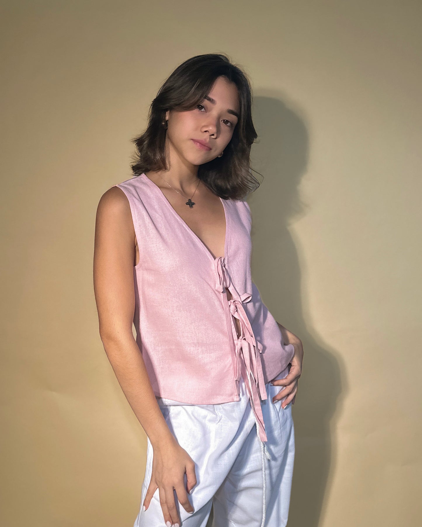 BOW LINEN TOP (PINK)