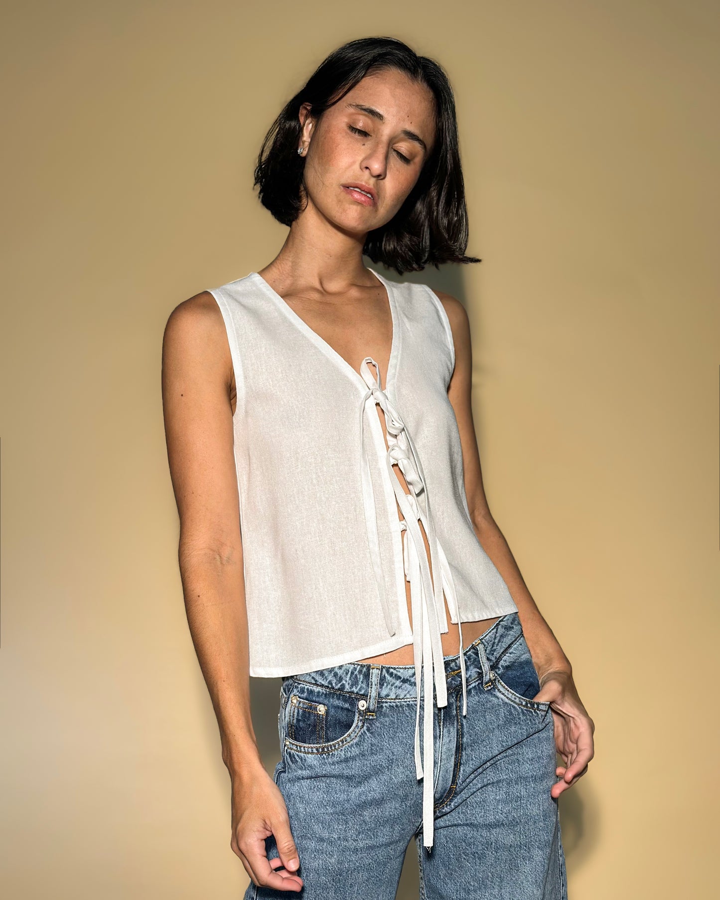 BOW LINEN TOP (WHITE)